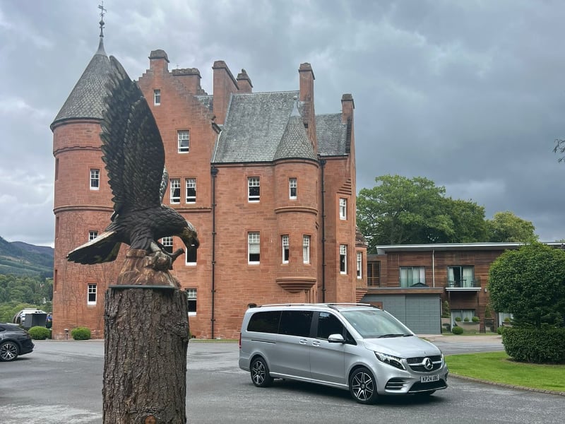 Fonab Castle Hotel and Spa with stunning Eagle sculpture in foreground